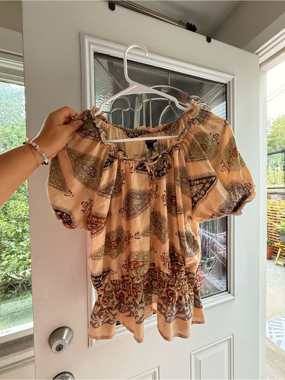 Boho Peasant Top in Beige with Paisley Print